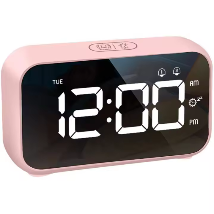 Reloj despertador digital de mesita de noche con pantalla LED grande, 4 niveles de brillo, 8 volúmenes, 40 tonos de alarma, función de repetición, alarmas duales (rosa) - 1
