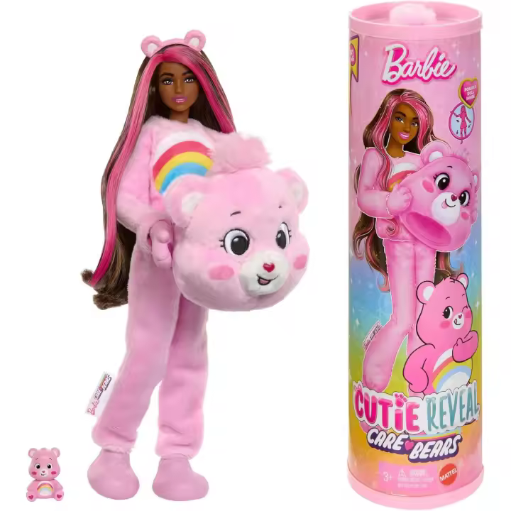 Barbie Cutie Reveal Care Bears Muñeca de moda y accesorios, incluye un disfraz de la osita Mimosa y 10 sorpresas, incluidos el cambio de color y una osita en miniatura (Mattel JCN95) - 1