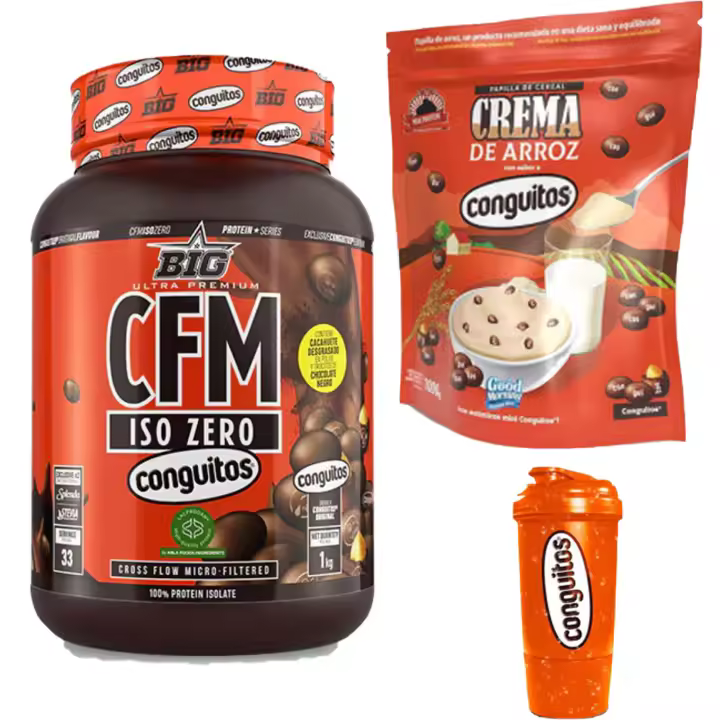 Pack Conguitos dark Fitness Premium:Proteína CFM ISO ZERO 1kg , Crema de Arroz 1kg y Shaker 500ml - 1