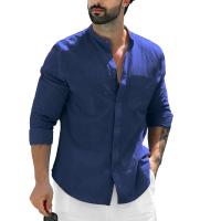 Camisa De Lino Para Hombre De Color Sólido Con Cuello Erguido Casual Cotton Manga Larga Botones Abiertos Estilo Beach - details 6