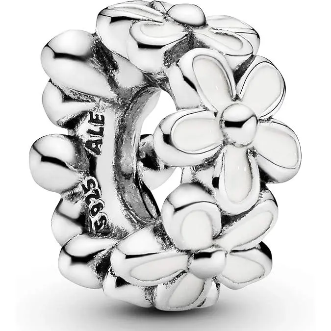Charm espaciador de margarita blanca de PANDORA - Compatible con PANDORA Moments - Plata de ley y esmalte - Regalo para ella，Incluye Caja Original - 1