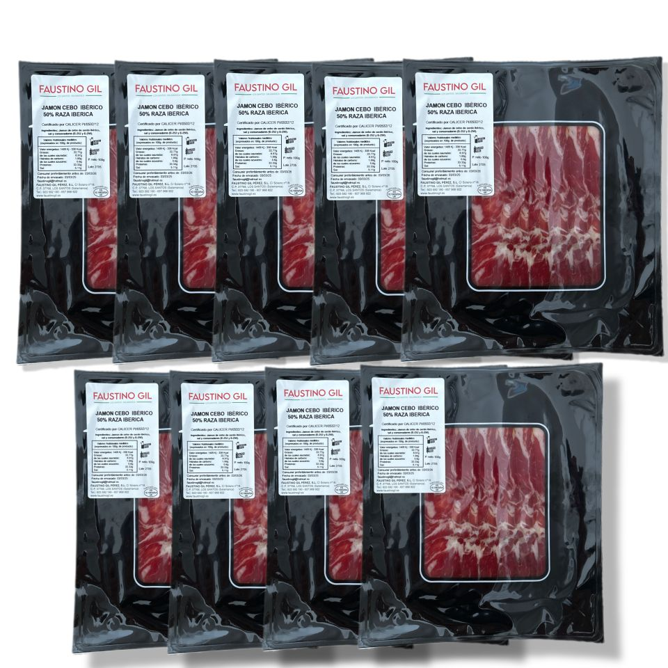 Jamón Ibérico de Cebo - 9 sobres de  100g - Elaboración tradicional - Ibéricos Faustino Gil -
