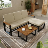 Juego de muebles de Jardín, juego de Esquina, sofá + Mesa de café + reposapiés, tubo de Maple galvanizado, tablero de Madera de Acacia, para Jardín, pool y otras áreas al libre, beige + Negro - details 0