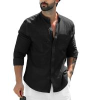 Camisa De Lino Para Hombre De Color Sólido Con Cuello Erguido Casual Cotton Manga Larga Botones Abiertos Estilo Beach - details 1