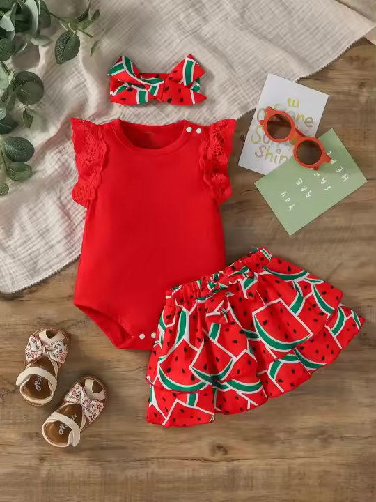 Conjunto De Verano Para Bebés Niñas Sin Mangas Estampado De Sandía Moda Camisa Para Vacaciones O Ropa De Calle - 1