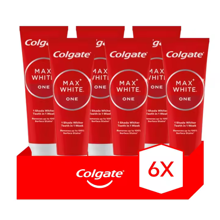 Pasta de dientes blanqueadora Colgate Max White One 75ml Pack de 6 | Dientes Blancos en 1 Semana con Fórmula Acelerada. Consigue una sonrisa brillante y protegida. - 1