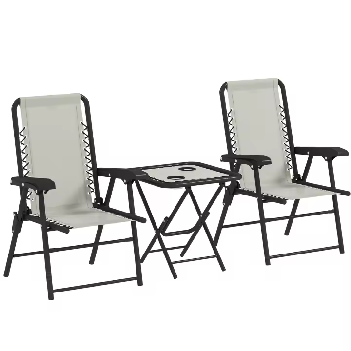 Outsunny Conjunto de Mesa y Sillas de Terraza Exterior de 3 Piezas Muebles de Jardín Exterior Plegables con Estructura de Acero y Portavasos para Patio Crema - 1