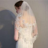Velo De Novia Con Encaje Y Lentejuelas Corto 2 Capas Tulle Suave En Blanco Y Algodón Para Mujer Con Cinta En La Cintura - details 0