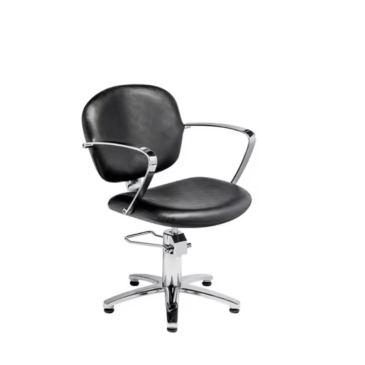 Butaca de peluquería, bomba hidráulica con freno y brazos cromados. Base con base de 5 patas cromada. Silla en color negro. - 1