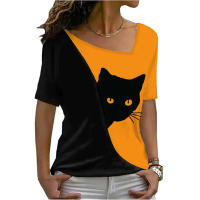 Blusa De Verano Para Mujer Estilo Nuevo Con Cuello Inclinado Y Estampado De Gato Negro Manga Corta Camiseta Casual De Polyester Y Spandex - details 10