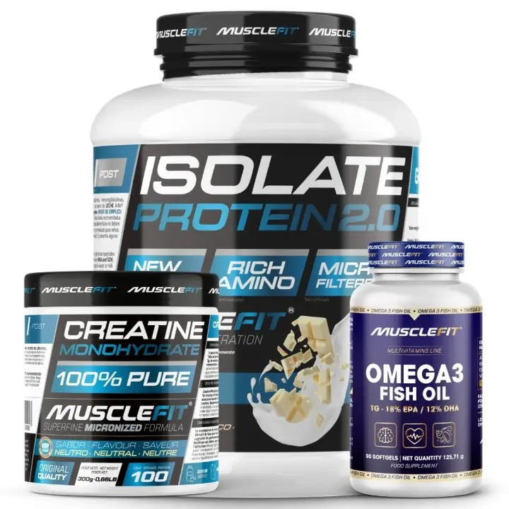 MUSCLEFIT Pack de Proteína ISOLATE 2kg + Creatina 300g + Omega 3 90 Cápsulas - 1