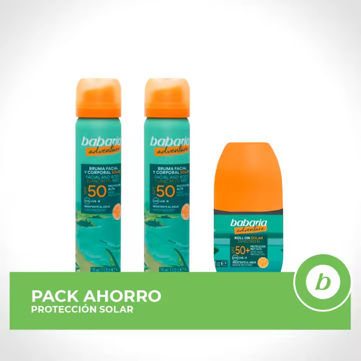 BABARIA Pack ahorro protección solar Adventure - Contiene Roll-On Solar 50ml + 2 unidades de Bruma Solar Facial 75ml - 1