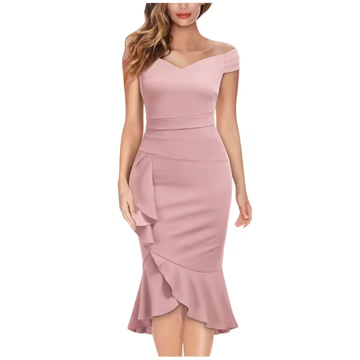 Vestido Elegante Para Mujer De Encaje Con Volante Y Cintura Ajustada Vestido De Fiesta Con Hombros Descubiertos Y Abertura En La Pierna Vestido Clásico De Cintura Alta Y Acolchado - 1