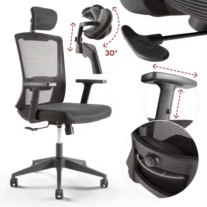AREBOS Silla de oficina ergonómica silla escritorio con reposacabezas ajustable - 1