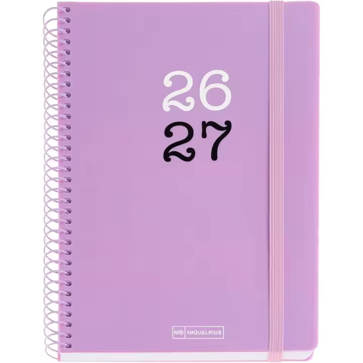 Miquelrius MR21085 Agenda escolar 2026 2027 día página 12 meses, Tamaño A5+ (15×21,3 cm), Tapas de polipropileno, Espiral metálico a color, Cierre de goma, Cantos redondeados, Stickers, Español-EN, Lila - 1