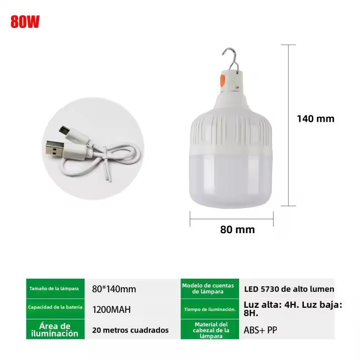 Lámpara De Camping LED Recargable Alta Potencia 200W 80W 60W Con Gancho Portátil Para Emergencias Exteriores BBQ Iluminación De Tenda Bombilla De Lámpara - 1