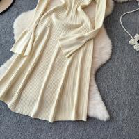 Vestido Largo Elegante Para Mujer Con Mangas Flared Y Volantes Cuello V Solido Bodycon Para Fiesta Y Oficina Polyester Mid-Calf - details 24