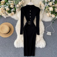 Vestido REALEFT De Punto Para Mujer Con Cuello Alto Y Mangas Largas Estampado Sólido Estilo Casual Vestido De Abrazo Largo Hasta La Rodilla Para Otoño E Invierno - details 30