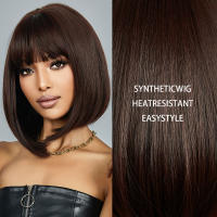 Pelucas Sintéticas Cortas Rectas Para Mujeres Negras Color Marrón Oscuro Con Franja Cosplay Natural Peluca Resistente Al Calor Para Uso Diario - details 1