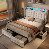 Cama tapizada 160x200, Cama Doble with Cabeza LED y Carga USB C Y 4, Cama de almacenamiento with base de listones de madera y estructura metálica, capacidad de carga 300 kg, algodón (colchón no incluido) - details 4