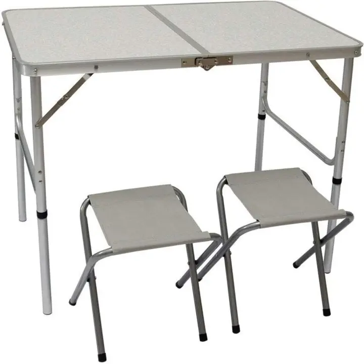 Mesa para Acampada 90x60x70cm Incl 2 Taburetes Plegable portátil como si Fuera un maletín Altura Regulable para pícnic Camping Gris Claro - 1