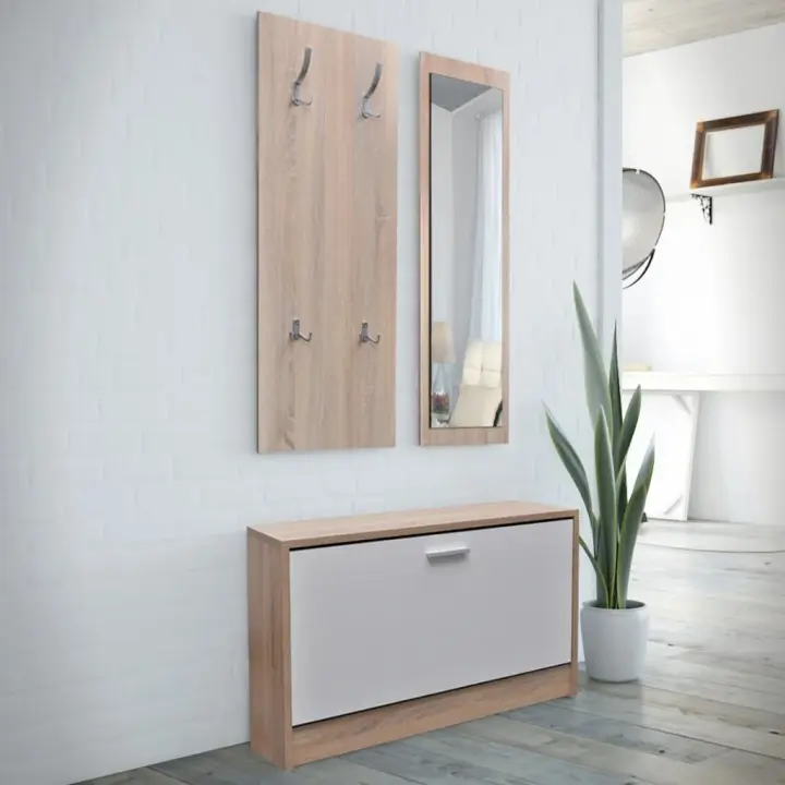 vidaXL Muebles Entradita Zapatero Espejo Perchero Madera Roble Color Blanco,  Gris sonoma,  Marrón roble - 1
