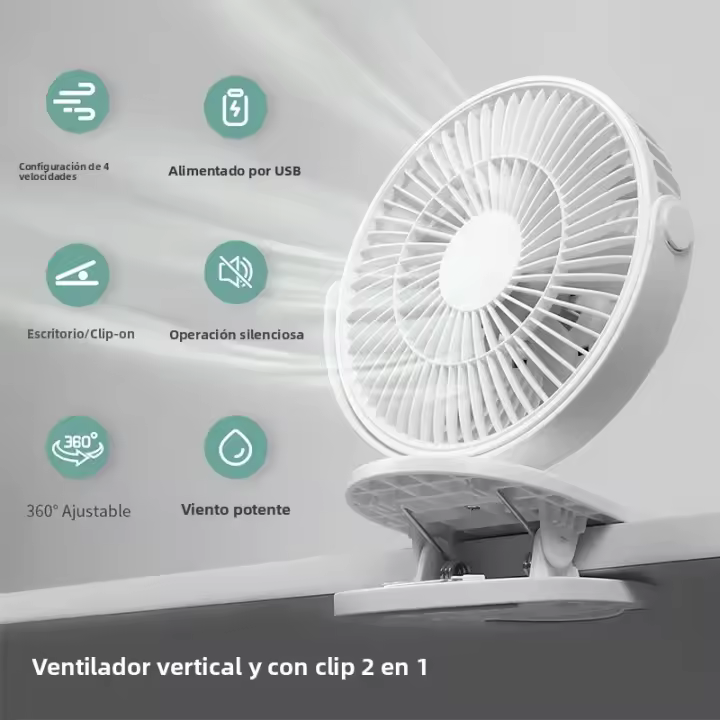 Ventilador De Escritorio Recargable USB Con Clip 360° Rotativo 2 En 1 Vertical Y Clip Mini Ventilador De Escritorio USB Poderado - 1