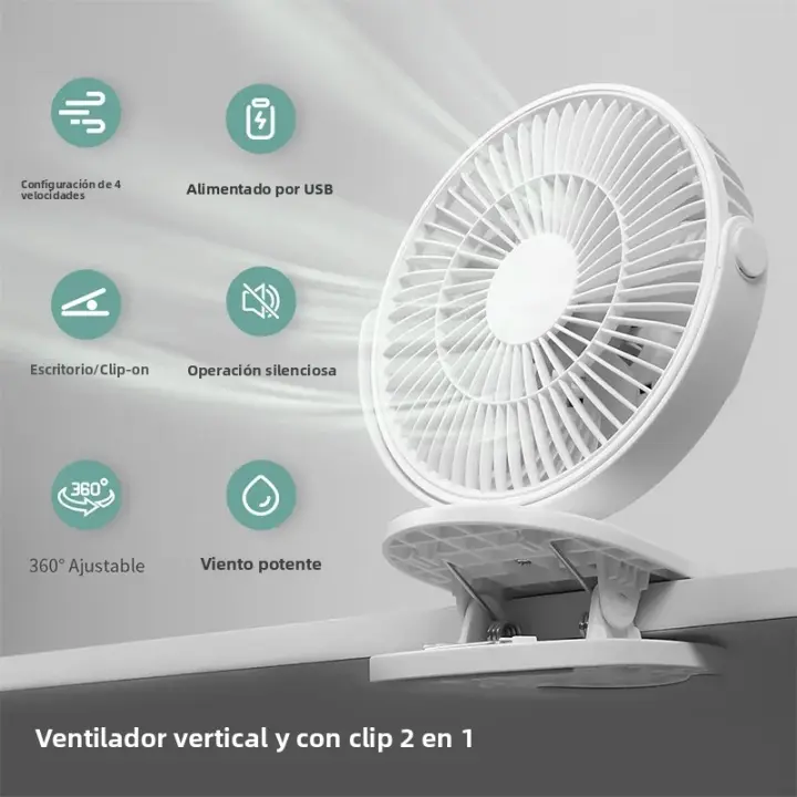 Ventilador De Escritorio Recargable USB Con Clip 360° Rotativo 2 En 1 Vertical Y Clip Mini Ventilador De Escritorio USB Poderado - 1