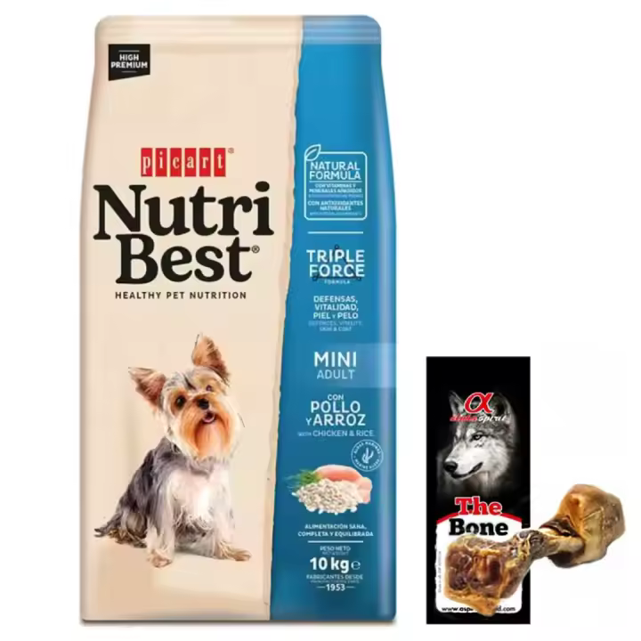 Pienso para Perros Picart Nutribest Adult Mini Chicken And Rice 10 Kg + Hueso de jamón - Alimento Completo para Perros Adultos de Razas Pequeñas con Pollo y Arroz - Salud Pelo y Piel - Defensas Fuertes - 1