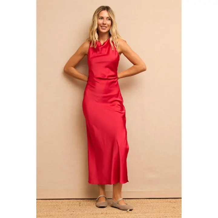 VESTIDO ROJO SATINADO MARGARET - Vestido, rojo, estampado, satinado, largo, sin mangas, brillante, elegante, formal, poliester, polyester, moda mujer, primavera, otoño, invierno, Evento, Fiesta, Boda - 1