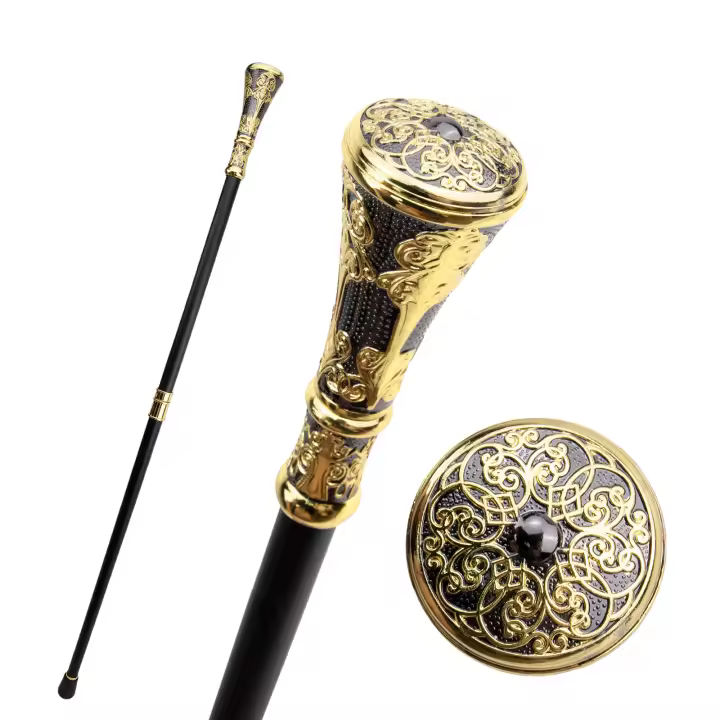 Bastón De Moda Con Manija Redonda De Flores Lujo Dorado Y Negro 93cm Con Punta De Goma Para Fiesta Y Decoración - 1