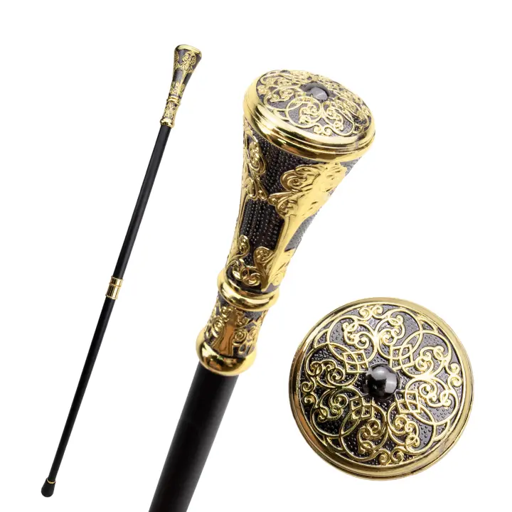 Bastón De Moda Con Manija Redonda De Flores Lujo Dorado Y Negro 93cm Con Punta De Goma Para Fiesta Y Decoración - 1