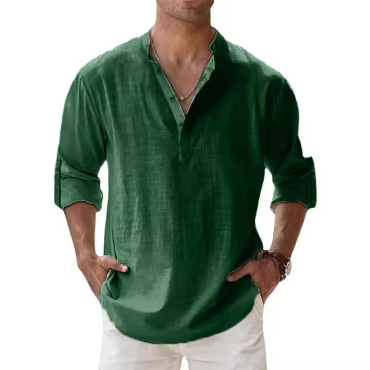 Camisa Casual Para Hombre Ligera De Manga Larga Estilo Henley De Algodón Transpirable Para Playa Camisas Hawái - 1