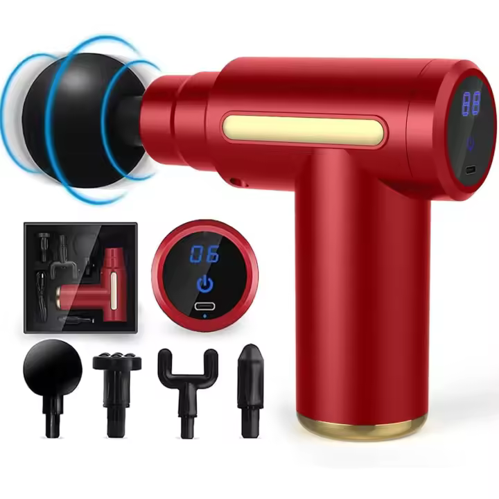 Pistola de Masaje Muscular,Masajeador de Músculos de Tejido Profundo,6 Velocidades,4 Cabezales de Masaje,Pantalla Táctil LED,Carga Tipo-Cpara,para Relajación Recuperación Fatiga (Rojo) - 1