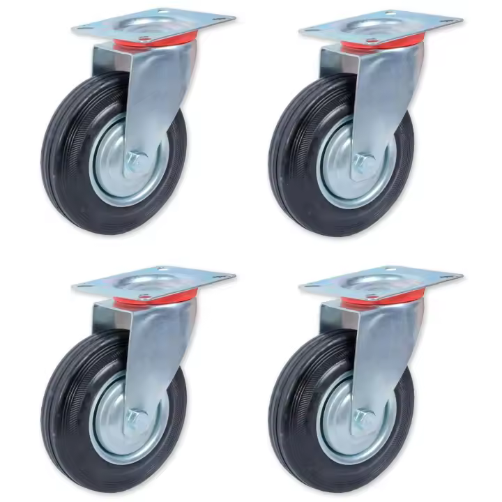 Tradineur - Pack de 4 ruedas giratorias para muebles, goma y hierro, incluyen placa de montaje, rueda de transporte para cargas pesadas, industrial, peso máx. 50 kg, Ø 75 mm - 1