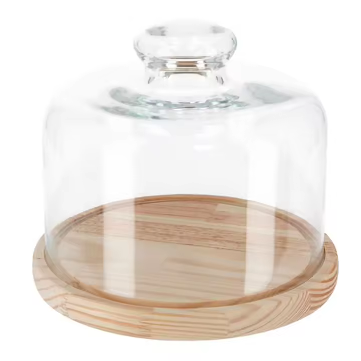 Quesera redonda con tapa de cristal y base de madera 20 x 10 cm. Recipiente para conservar frescos quesos o embutidos - 1
