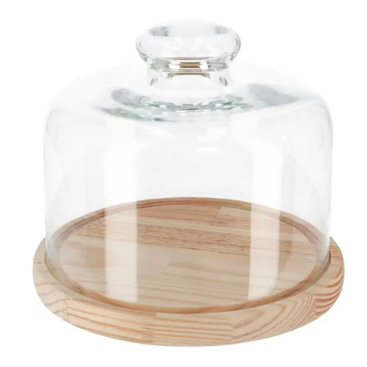 Quesera redonda con tapa de cristal y base de madera 20 x 10 cm. Recipiente para conservar frescos quesos o embutidos - 1