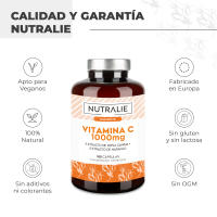 VITAMINA C 1000 mg Pura - con Rosa Canina + Ácido Ascórbico - Cansancio Defensas - Antioxidante - Bioflavonoides + Vitamin C Pura Natural Vegana - 180 Cápsulas Veganas Nutralie - details 2