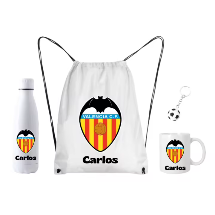 Lote Valencia CF Mochila + Botella termo acero700ml + taza cerámica 350ml - (DEJAR NOMBRE EN CHAT O NOTAS) Escudo Valencia CF + nombre - Regalo - Regalo para fans de futbol - 1