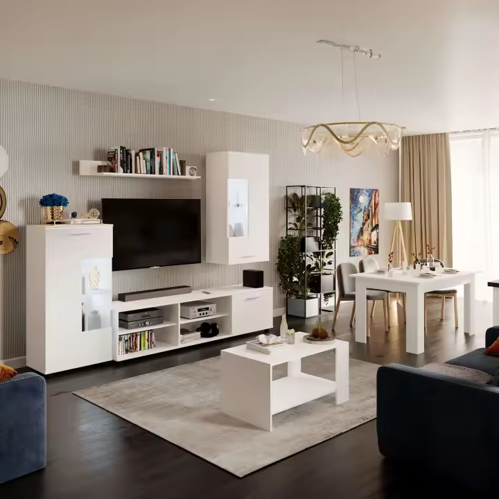 Pack Muebles de Salón Cascade: Mueble TV, 2 Módulos, Estantería, Mesa Centro y Mesa Comedor Blanco Mate - 1