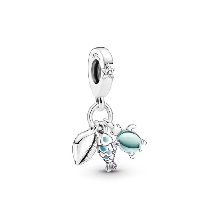 PANDORA Charm Colgante Triple Plata de Ley Pez Tortuga Marina Concha Esmalte Turquesa Explore Dream Joyería Infantil - 1