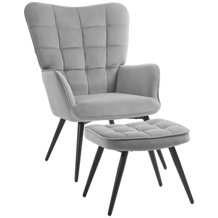 HOMCOM Sillón de orejas con taburete, sillón, sillón relax, sillón tapizado con aspecto de terciopelo, sillón de TV, silla de comedor de hasta 120 kg, para salón - 1