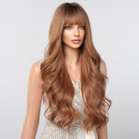 Pelucas Sintéticas De Onda Corporal Larga Para Mujer Color Marrón Con Franja Anteojos Resistente Al Calor Para Uso Diario Y Fiestas Peluca Artificial De Cuerpo De Cobre - details 2