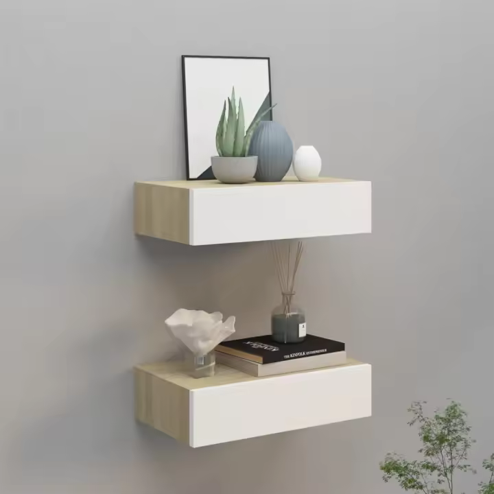 Estantes de pared con cajón 2 uds MDF roble/blanco 40x23,5x10cm - 1