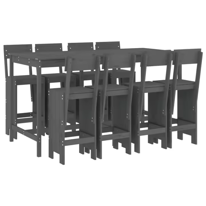 vidaXL Mesa y taburetes altos jardín 9 pzas madera maciza de pino gris - 1
