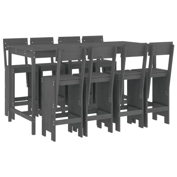vidaXL Mesa y taburetes altos jardín 9 pzas madera maciza de pino gris - 1