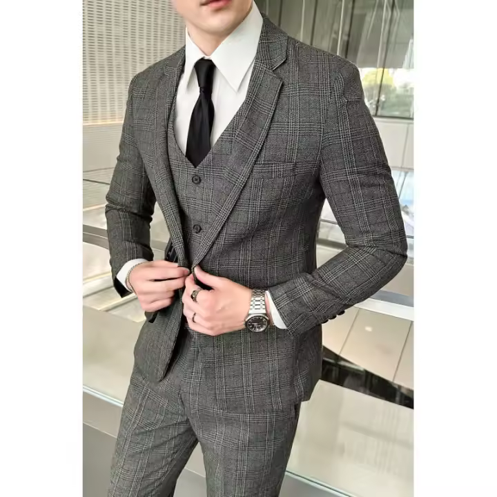 Traje De Tres Piezas Para Hombre Estilo Coreano Moda Ajustada Formal Boda Elegante Conjunto Chaqueta Pantalón Cuello Redondo - 1