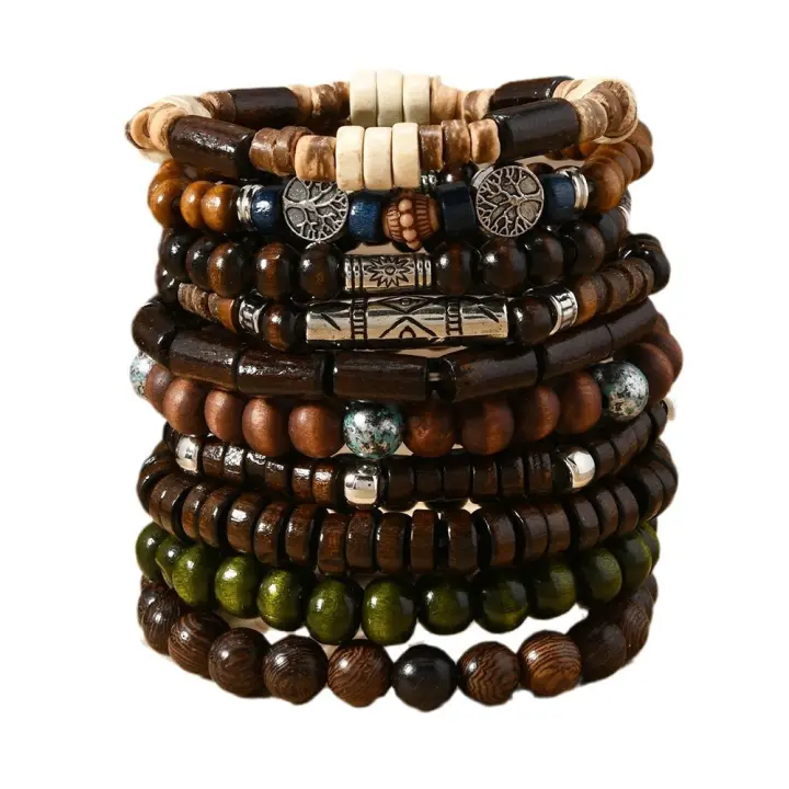 10pcs Pulseras De Madera Con Hebillas Vintage Para Hombres Pulseras De Bricioleta Multicapa Accesorios De Fiesta Regalos - 1