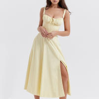 Vestido De Playa Para Mujer Con Estampado Floral Cuello Cuadrado Ajuste Frontal Y Abertura En Pierna Midi Polyester Sin Mangas Vestido De Noche - details 46
