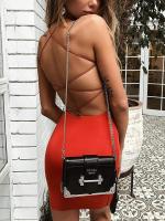 Vestido De Verano Sin Espalda De Color Sólido Con Tirantes De Media Longitud Para Mujeres Vestido De Corte Ajustado Con Cuello Cuadrado Estilo Vintage - details 7